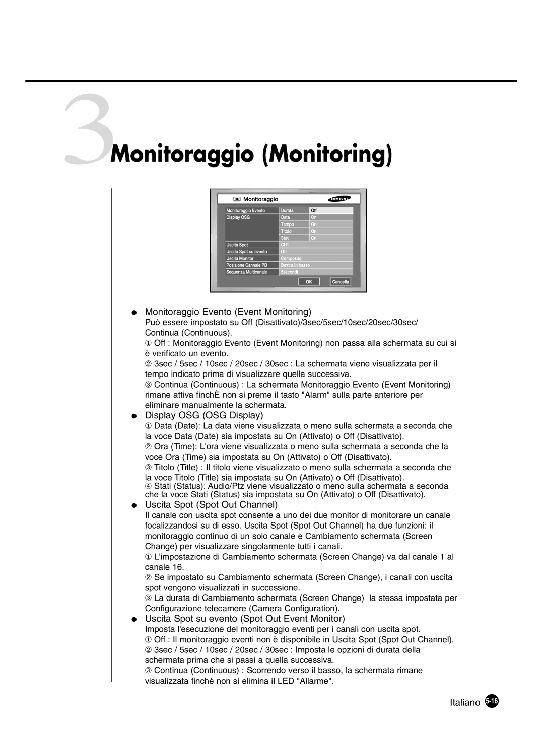 Samsung SHR-4160P manual 3Monitoraggio Monitoring, Monitoraggio Evento Event Monitoring, Display OSG OSG Display 