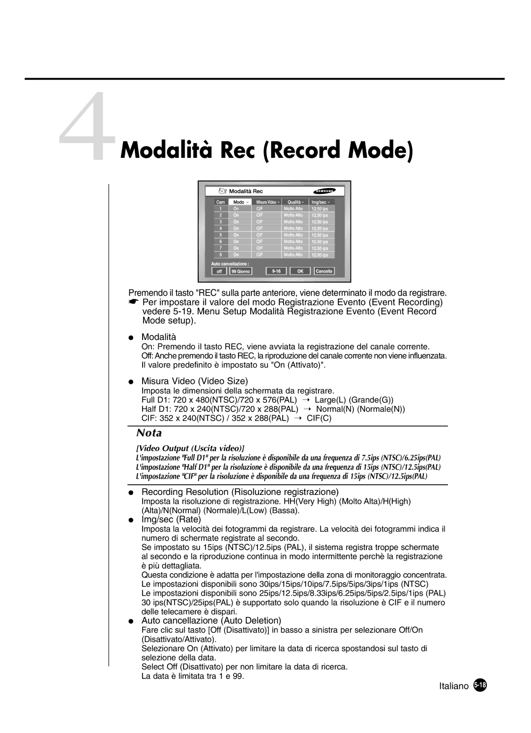 Samsung SHR-4160P manual Modalità Rec Record Mode, Misura Video Video Size, Recording Resolution Risoluzione registrazione 