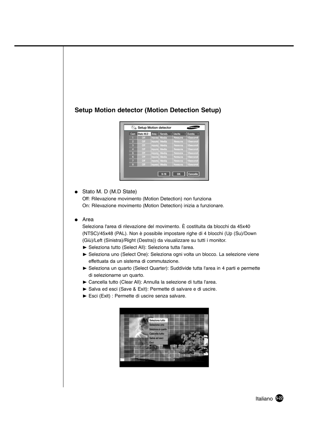 Samsung SHR-4160P manual Setup Motion detector Motion Detection Setup, Stato M. D M.D State, Area 