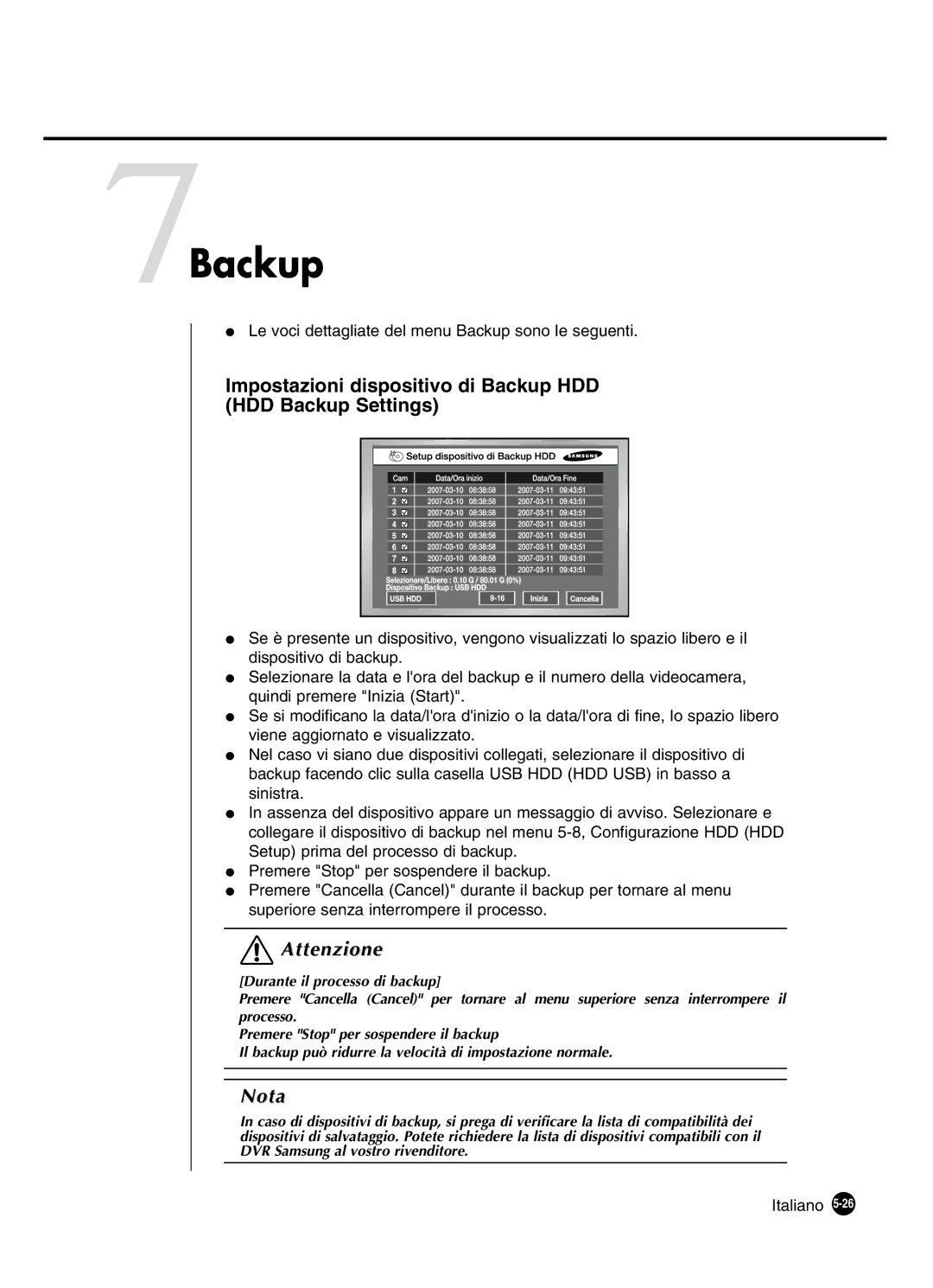 Samsung SHR-4160P manual 7Backup, Impostazioni dispositivo di Backup HDD HDD Backup Settings 