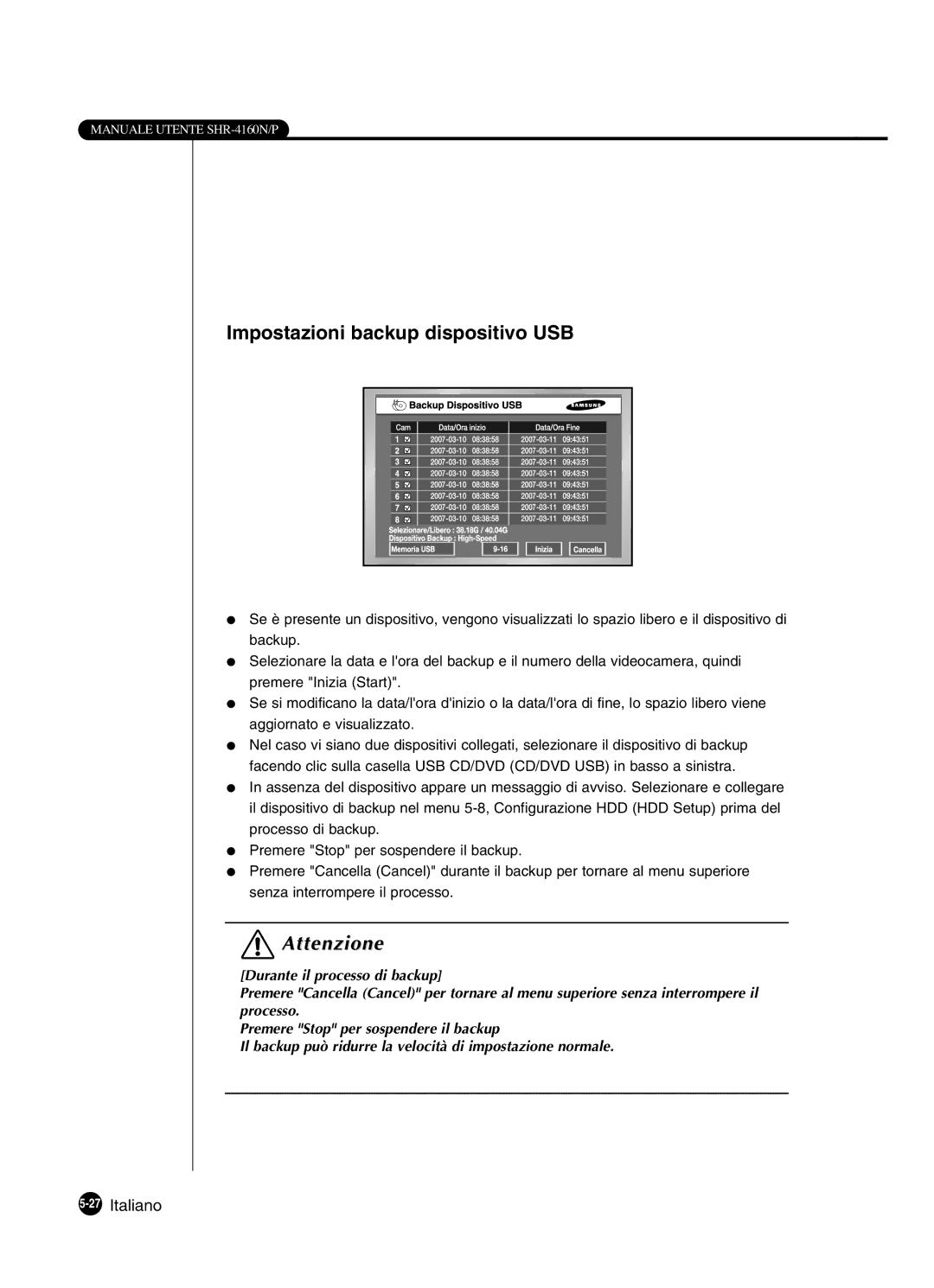 Samsung SHR-4160P manual Impostazioni backup dispositivo USB, 27Italiano 