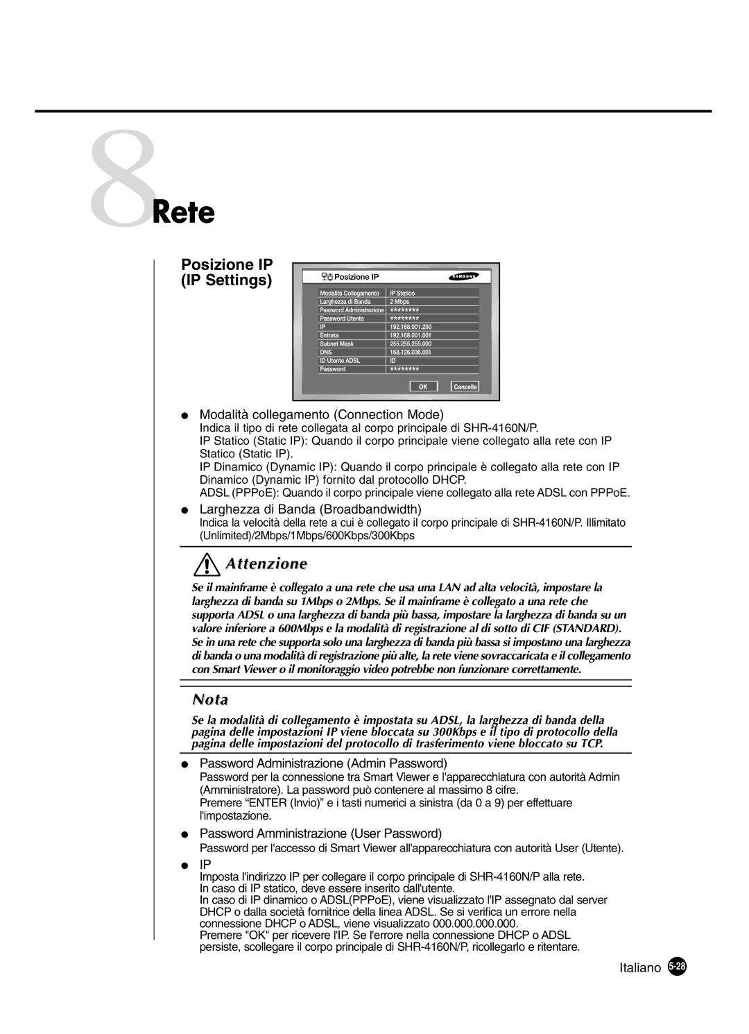 Samsung SHR-4160P manual 8Rete, Posizione IP IP Settings 