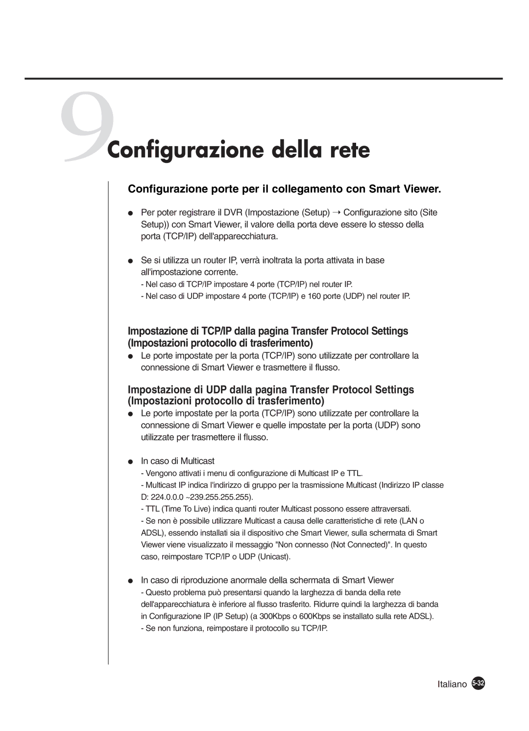 Samsung SHR-4160P manual 9Configurazione della rete, Configurazione porte per il collegamento con Smart Viewer 