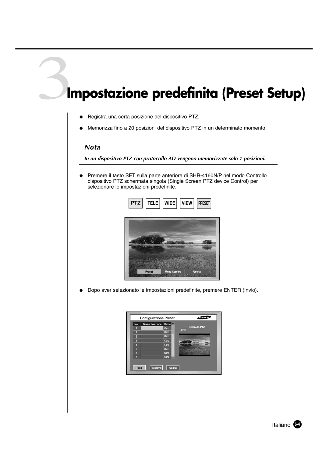 Samsung SHR-4160P manual 3Impostazione predefinita Preset Setup 