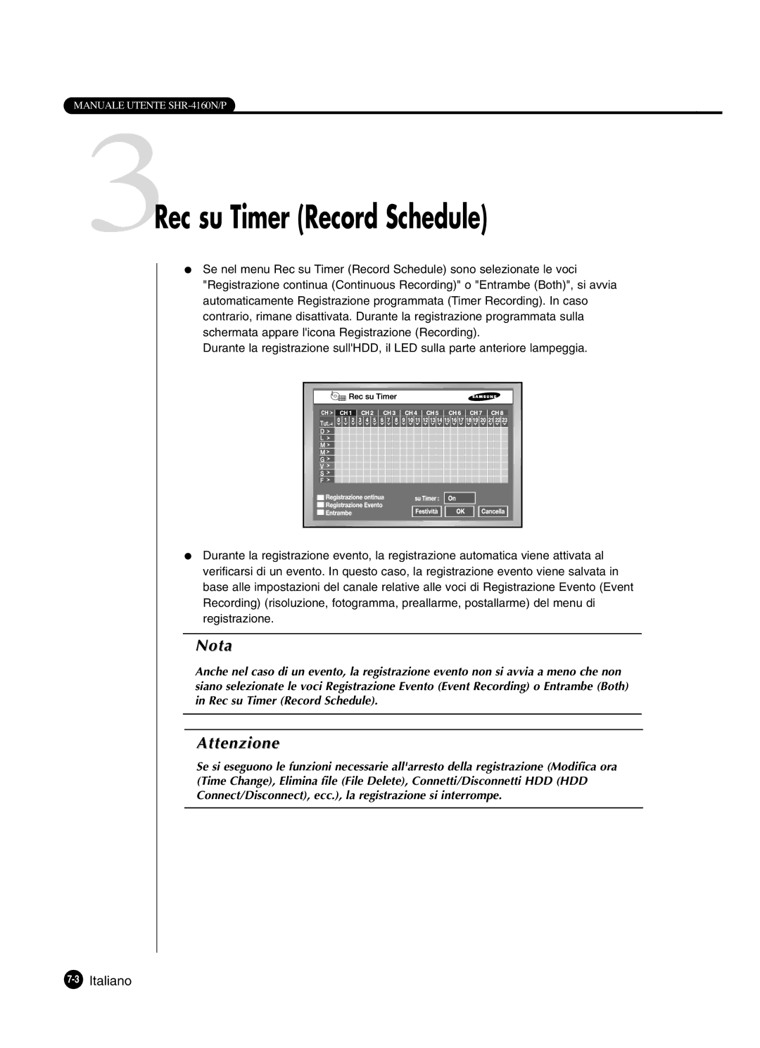 Samsung SHR-4160P manual 3Rec su Timer Record Schedule, 3Italiano 