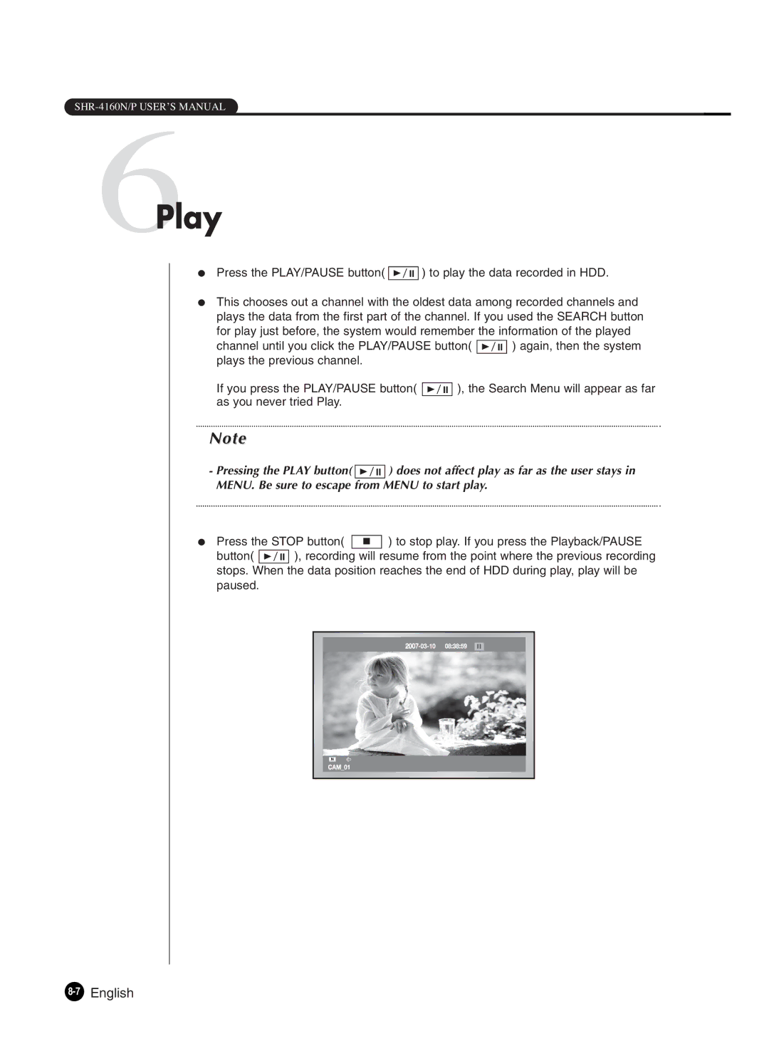Samsung SHR-4160P manual 6Play, 7English 