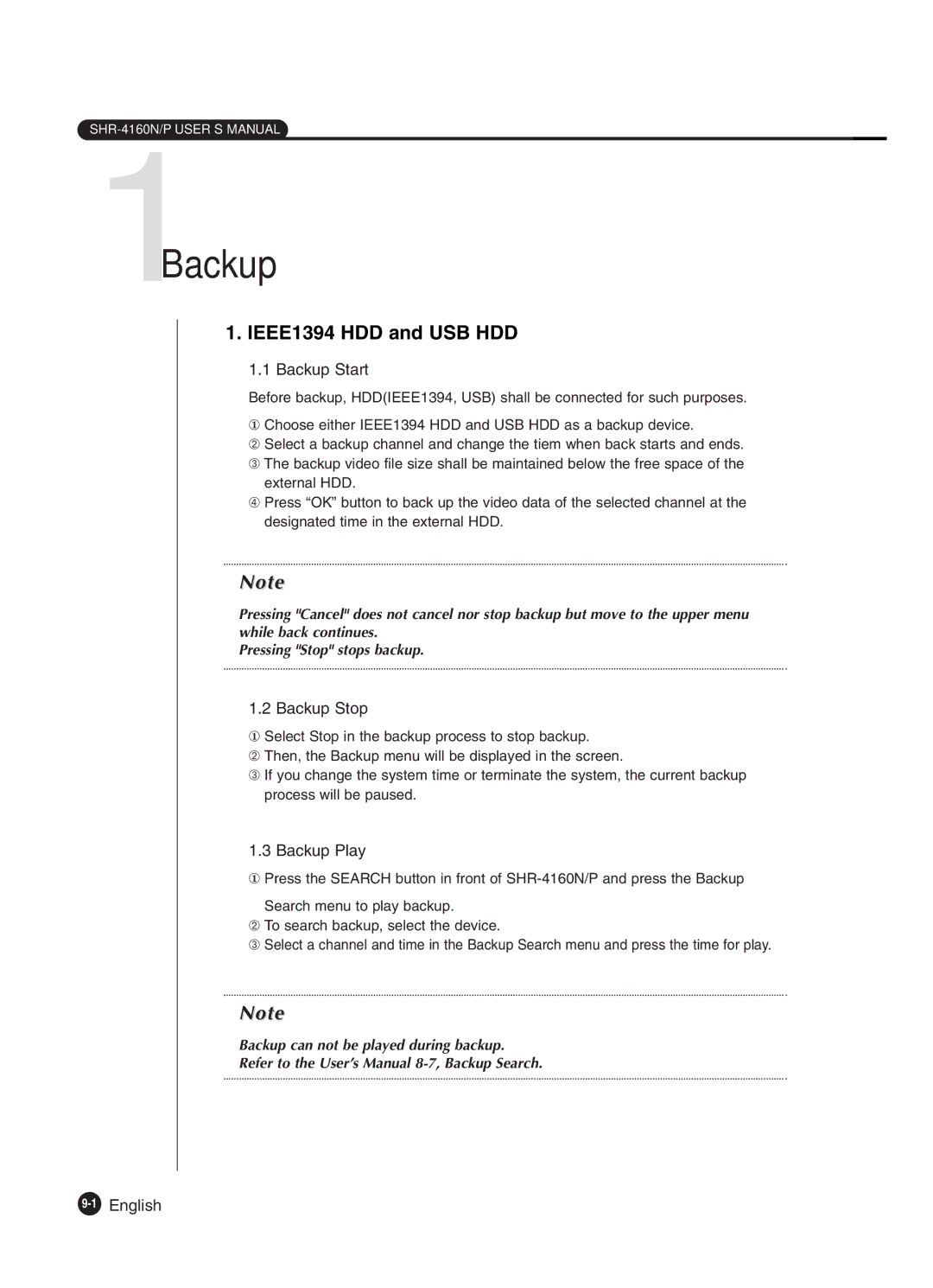 Samsung SHR-4160P manual 1Backup, IEEE1394 HDD and USB HDD, Backup Start, Backup Stop, Backup Play 