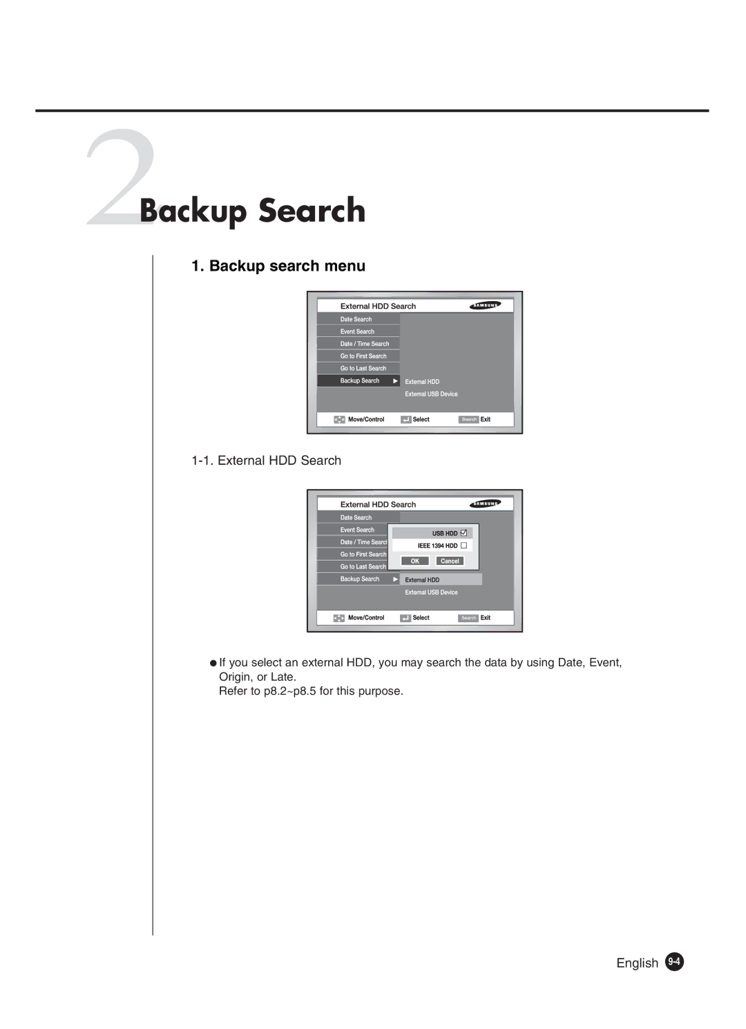 Samsung SHR-4160P manual 2Backup Search, Backup search menu, External HDD Search 
