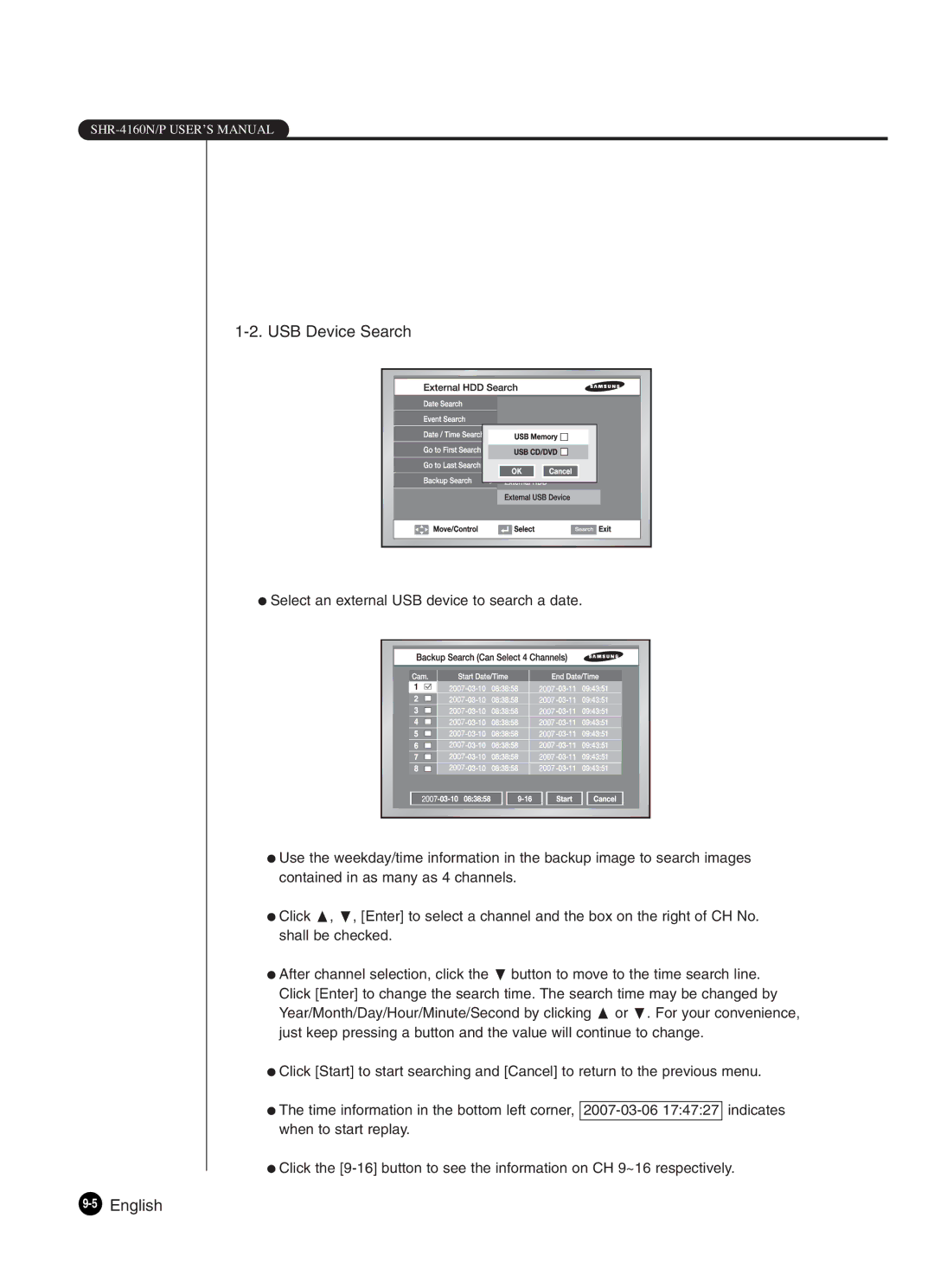 Samsung SHR-4160P manual USB Device Search, 5English 