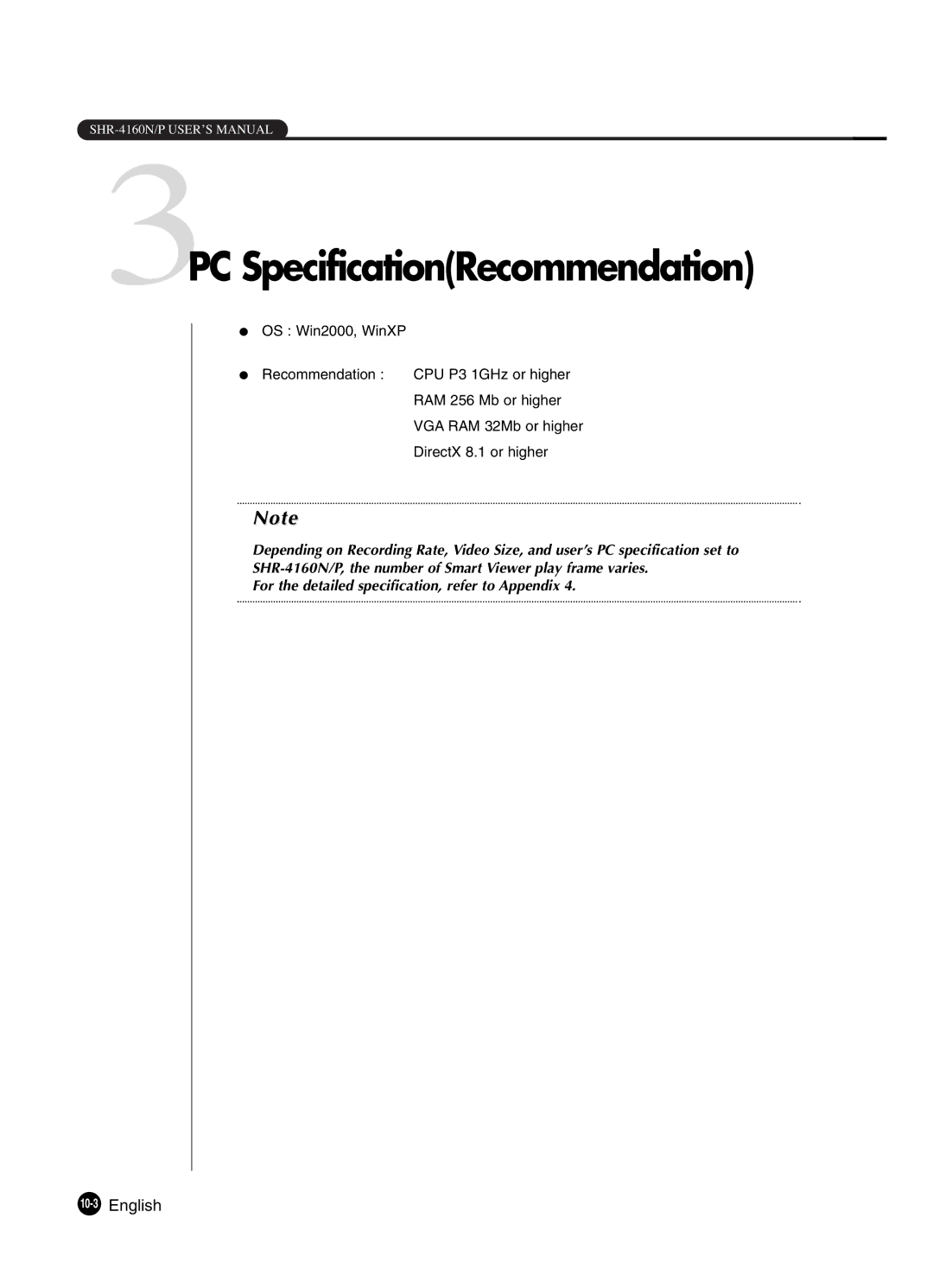 Samsung SHR-4160P manual 3PC SpecificationRecommendation, 10-3English 