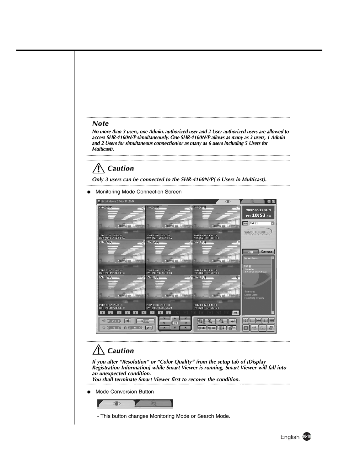 Samsung SHR-4160P manual Monitoring Mode Connection Screen 