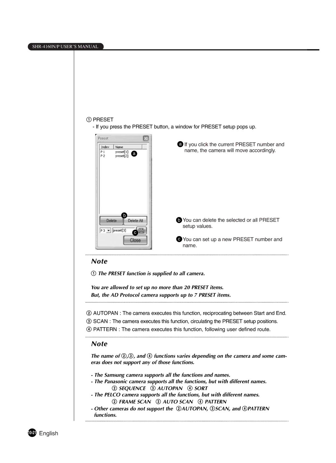 Samsung SHR-4160P manual 10-21English, Preset 