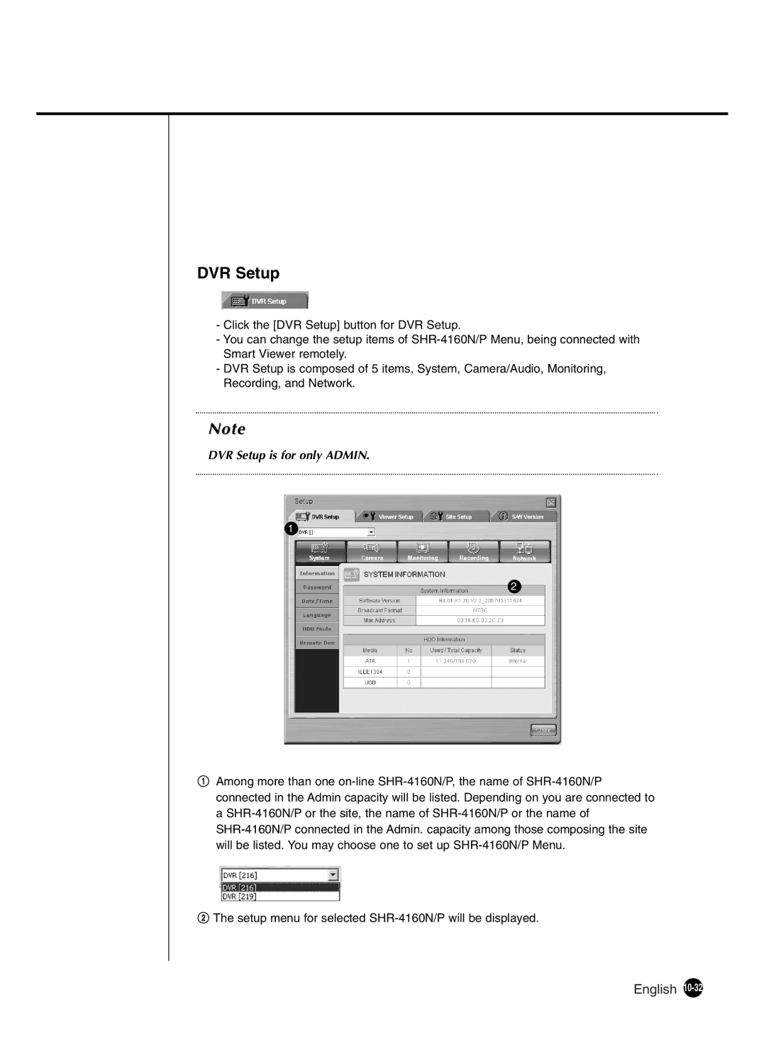 Samsung SHR-4160P manual DVR Setup is for only Admin 