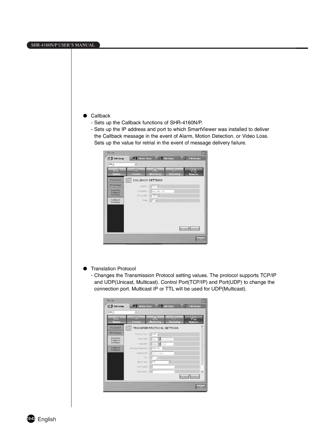 Samsung SHR-4160P manual 10-43English, Callback Sets up the Callback functions of SHR-4160N/P 