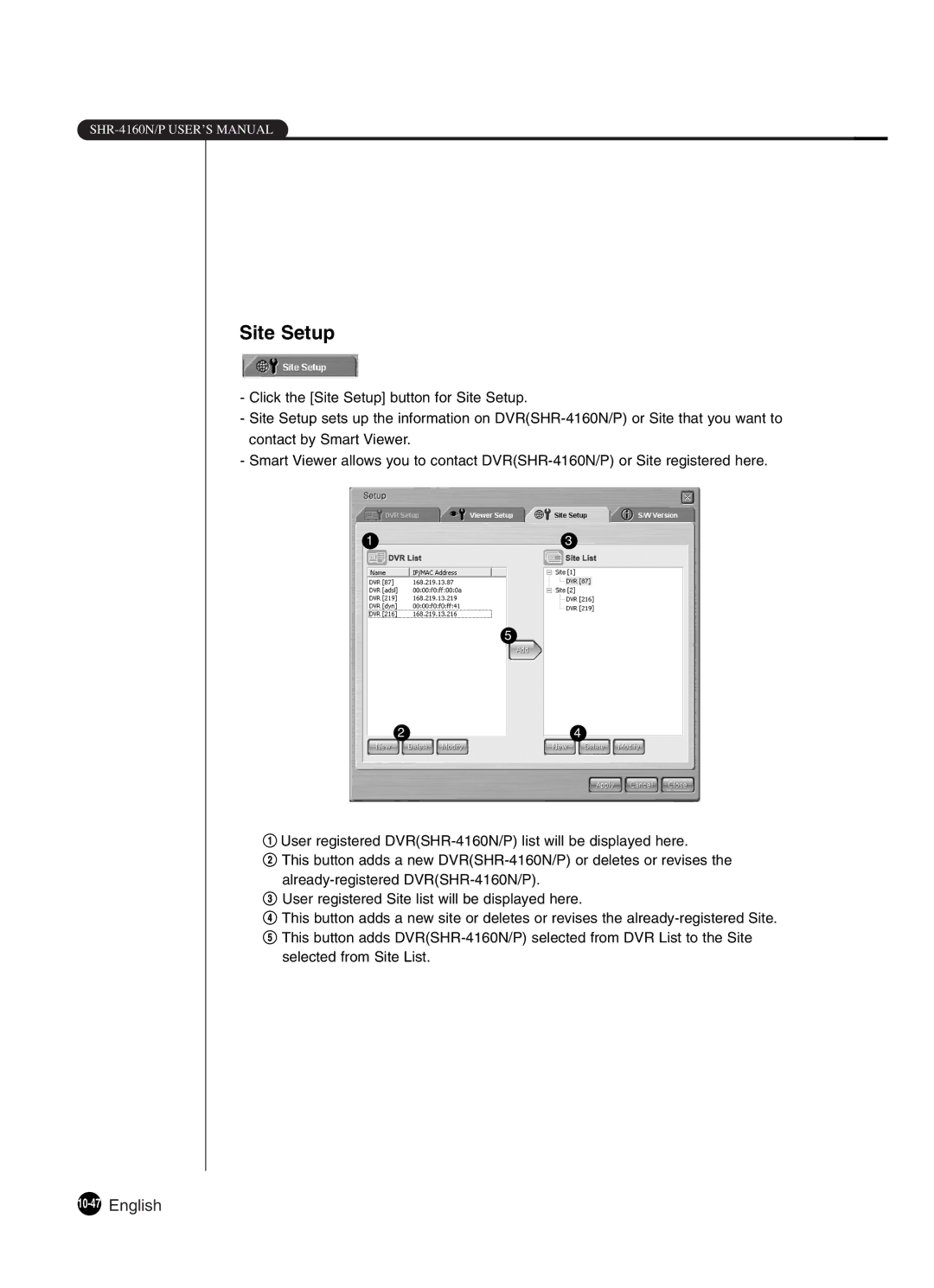 Samsung SHR-4160P manual Site Setup, 10-47English 