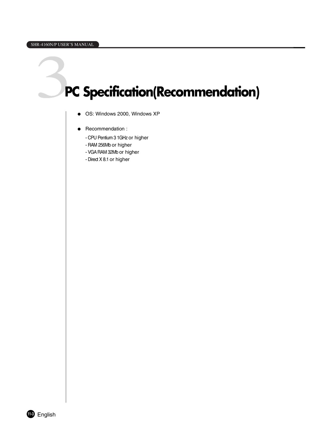 Samsung SHR-4160P manual 3PC SpecificationRecommendation, 11-3English 