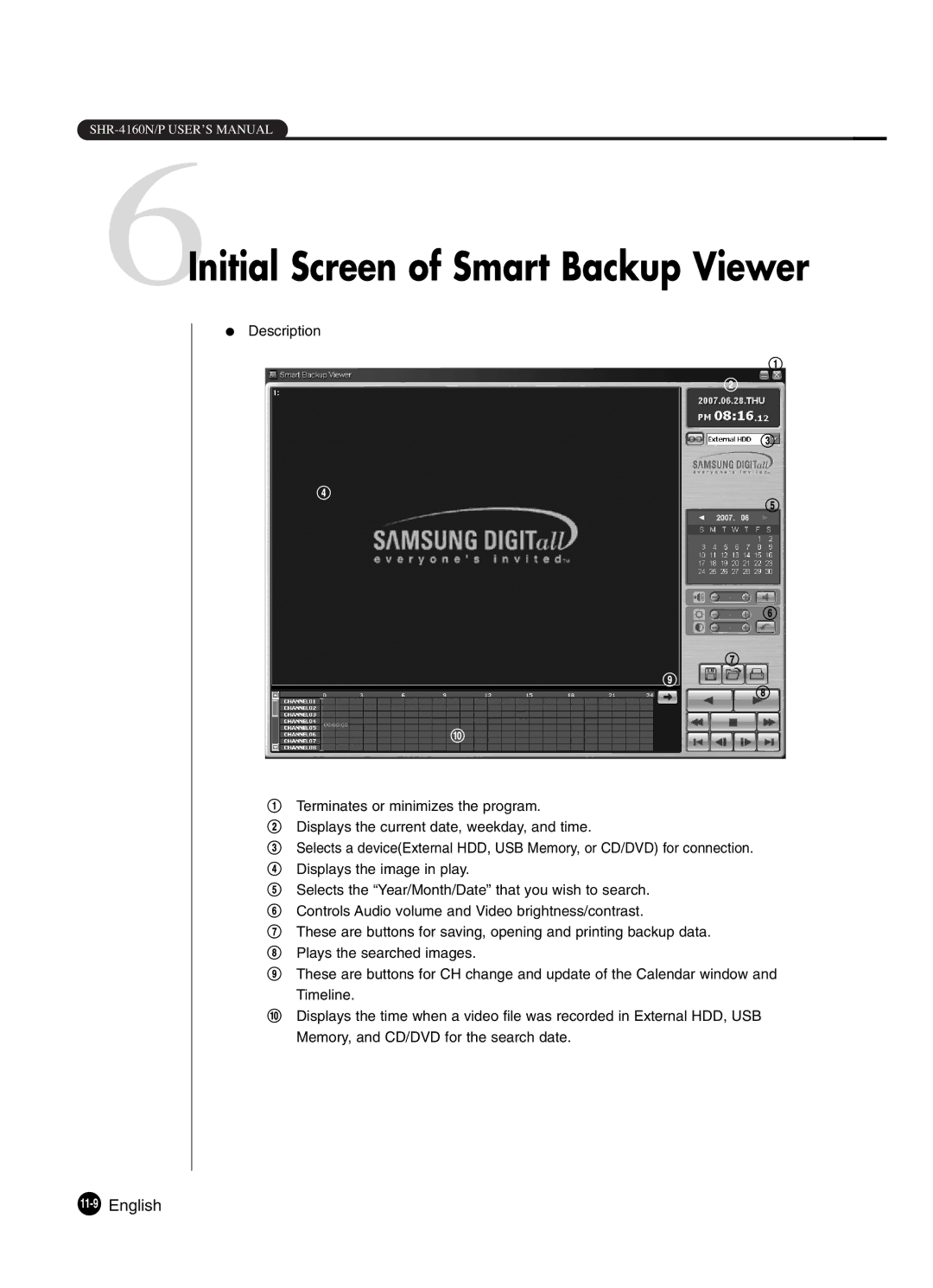 Samsung SHR-4160P manual 6Initial Screen of Smart Backup Viewer, 11-9English 