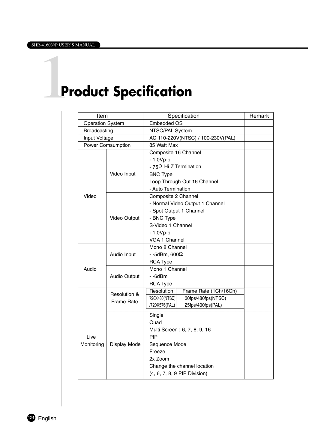 Samsung SHR-4160P manual 1Product Specification, Specification Remark, 12-1English 