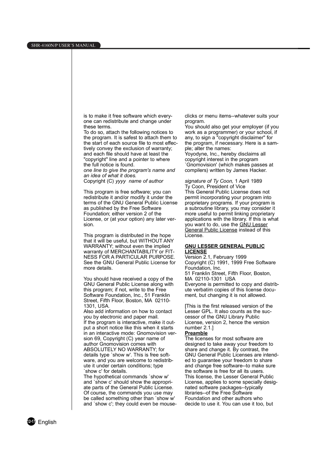 Samsung SHR-4160P manual 12-17English, GNU Lesser General Public License 