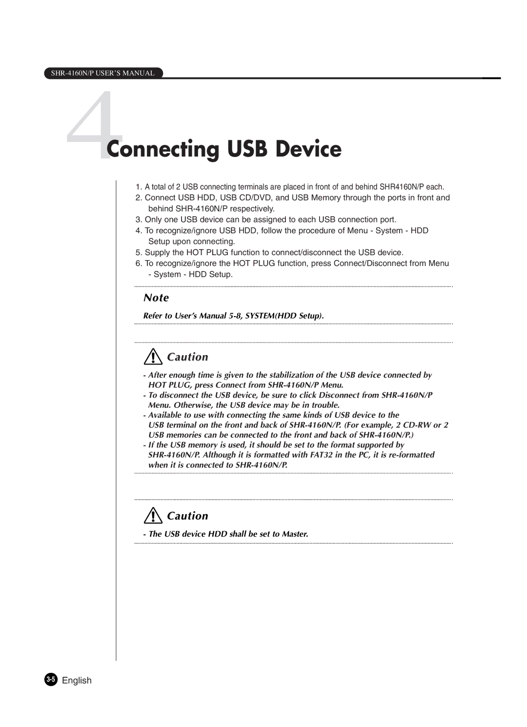Samsung SHR-4160P manual 4Connecting USB Device, 5English 