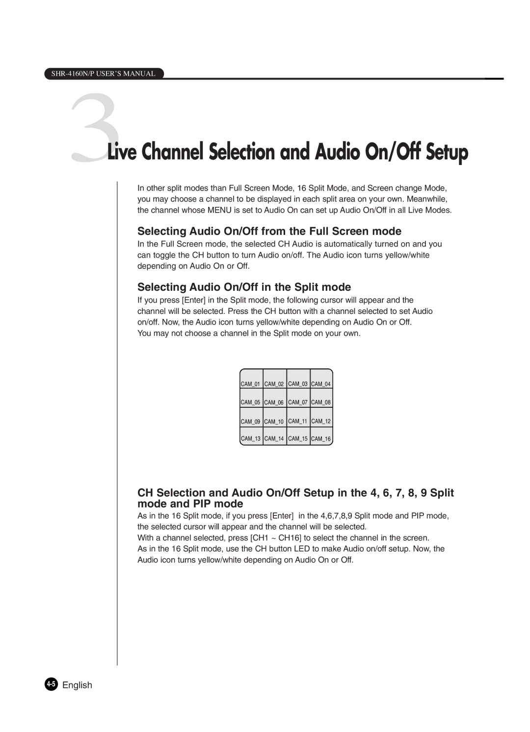Samsung SHR-4160P manual 3Live Channel Selection and Audio On/Off Setup 