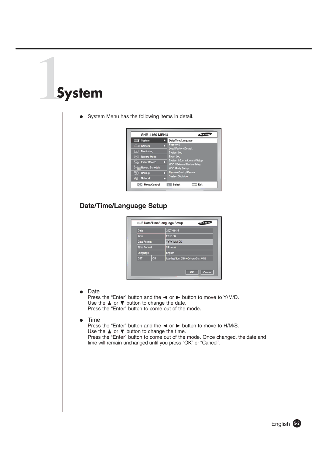 Samsung SHR-4160P manual 1System, Date, Time 