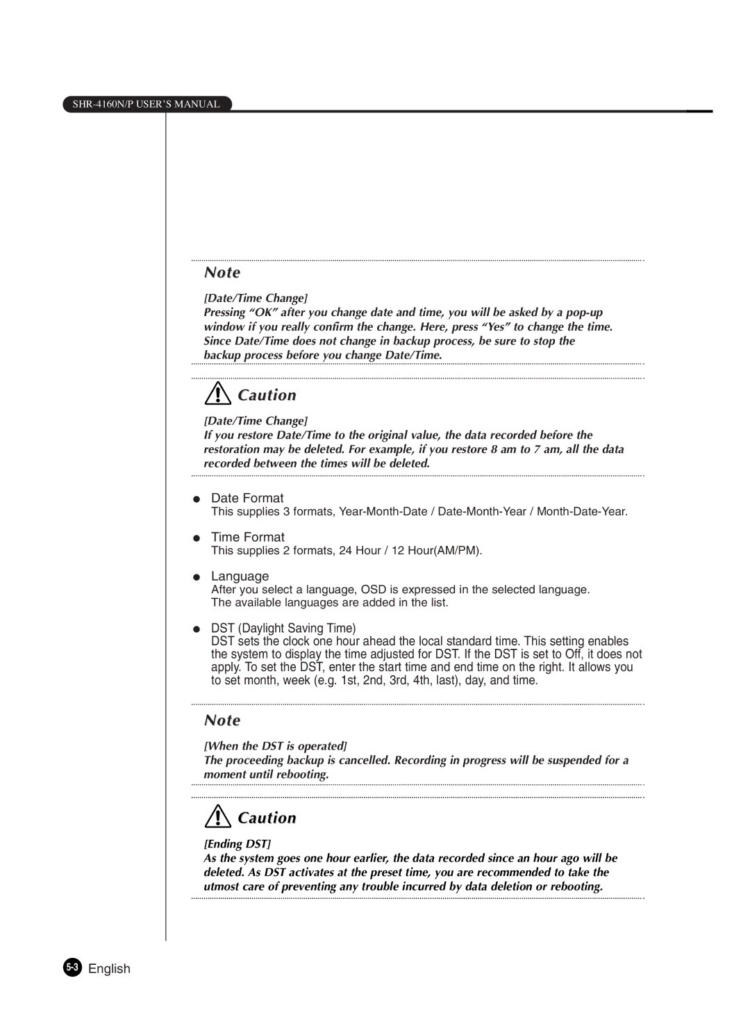 Samsung SHR-4160P manual Date Format, Time Format, Language, DST Daylight Saving Time 