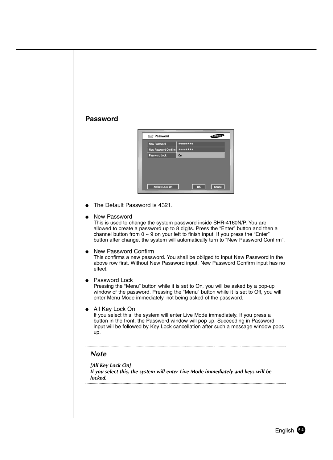 Samsung SHR-4160P manual Default Password is New Password, New Password Confirm, Password Lock, All Key Lock On 