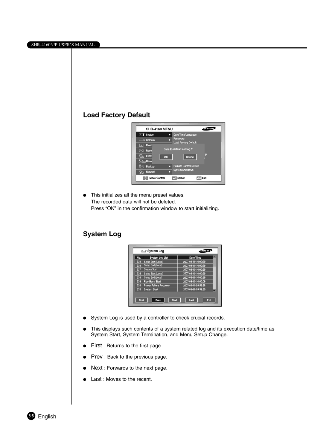 Samsung SHR-4160P manual Load Factory Default, System Log, 5English 