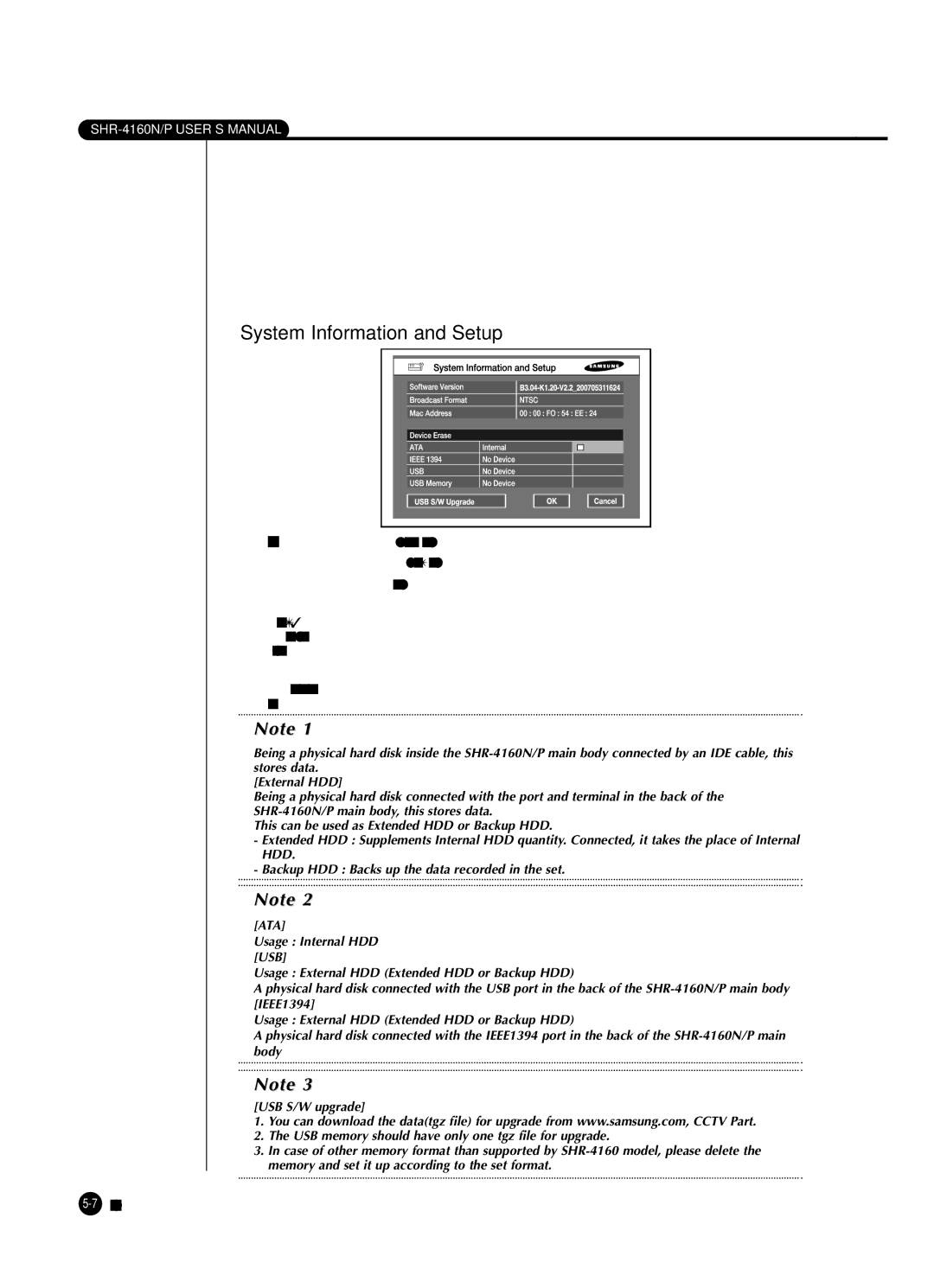 Samsung SHR-4160P manual System Information and Setup, Erase device, USB S/W Upgrade, 7English 