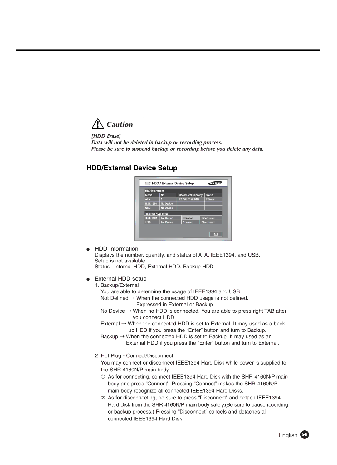 Samsung SHR-4160P manual HDD/External Device Setup, HDD Information, External HDD setup 