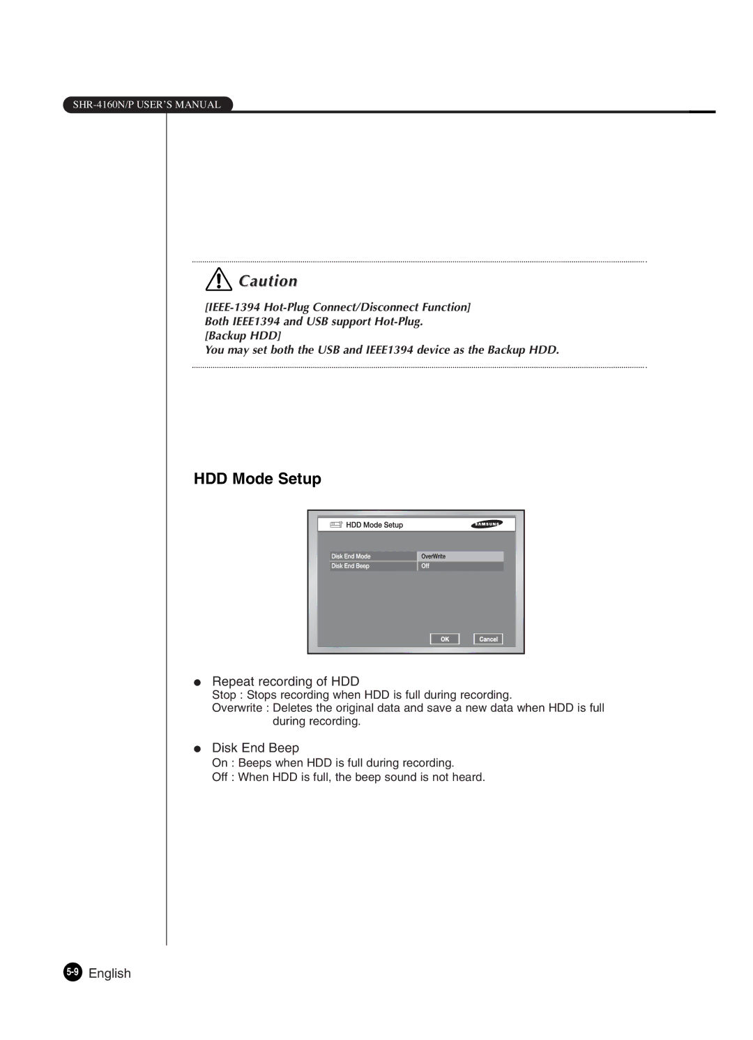Samsung SHR-4160P manual HDD Mode Setup, Repeat recording of HDD, Disk End Beep 