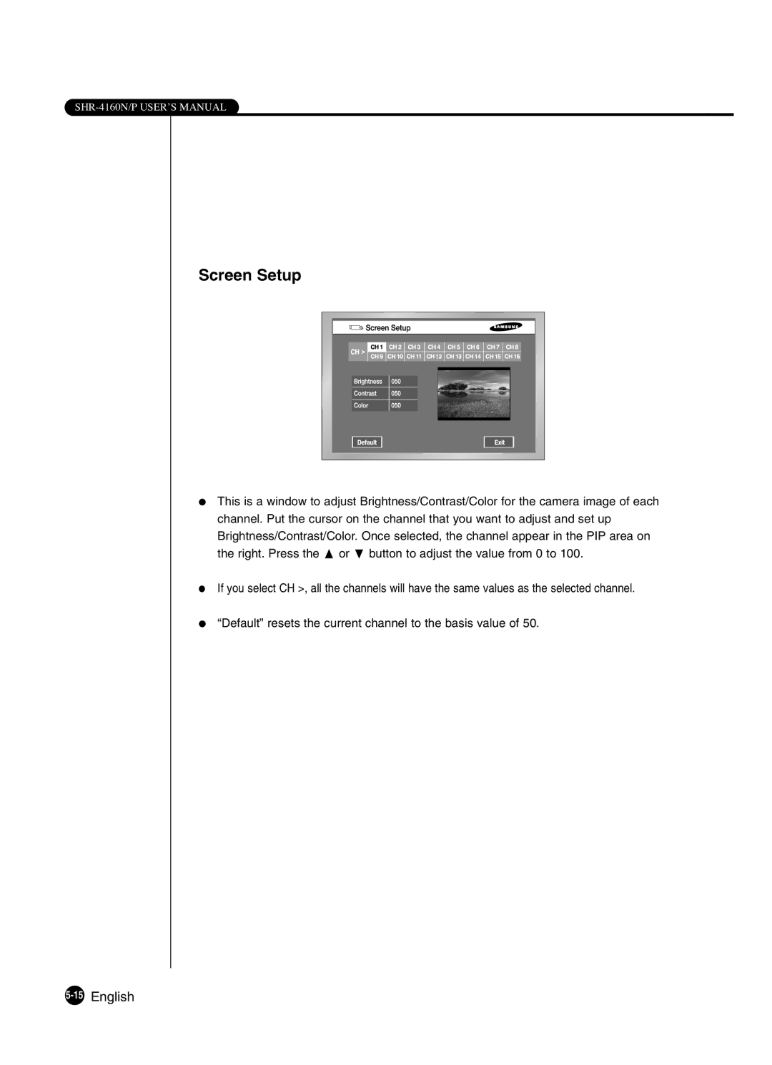 Samsung SHR-4160P manual Screen Setup, 15English 