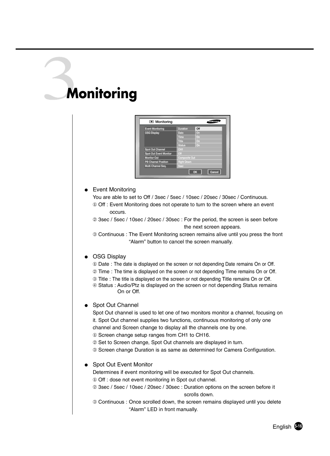 Samsung SHR-4160P manual 3Monitoring, Event Monitoring, OSG Display, Spot Out Channel, Spot Out Event Monitor 