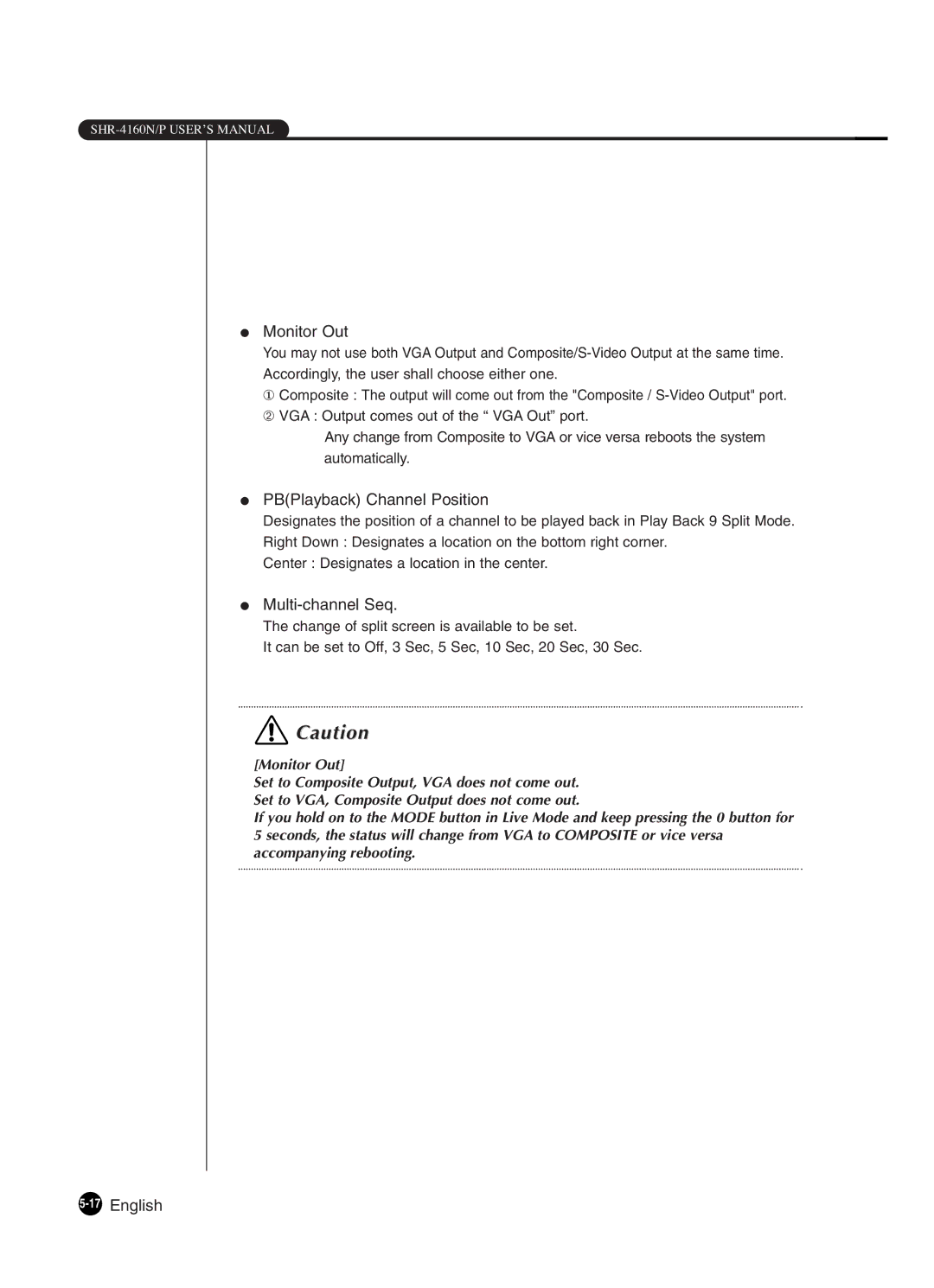 Samsung SHR-4160P manual Monitor Out, PBPlayback Channel Position, Multi-channel Seq, 17English 