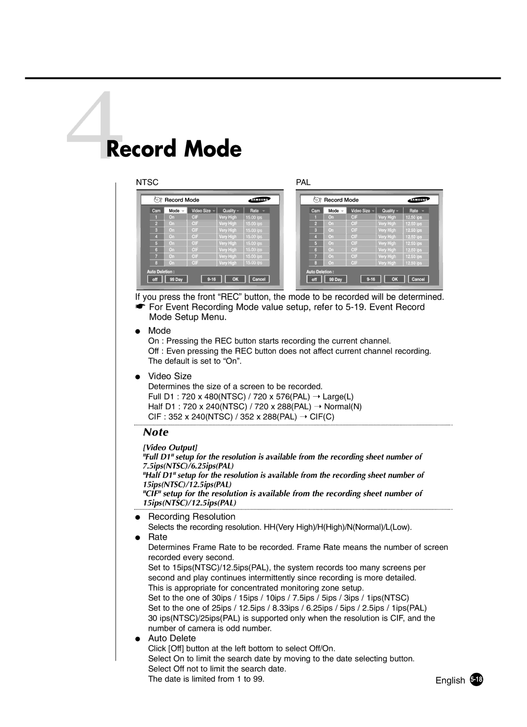 Samsung SHR-4160P manual 4Record Mode, Video Size, Recording Resolution, Rate, Auto Delete 