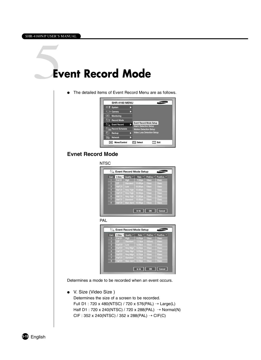 Samsung SHR-4160P manual 5Event Record Mode, Evnet Record Mode, Size Video Size, 19English 