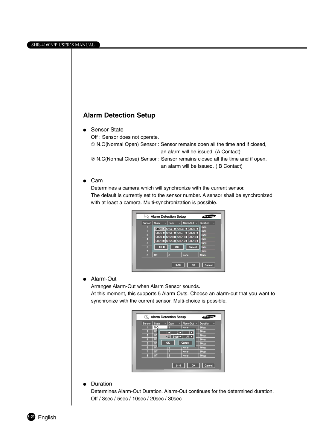 Samsung SHR-4160P manual Alarm Detection Setup 