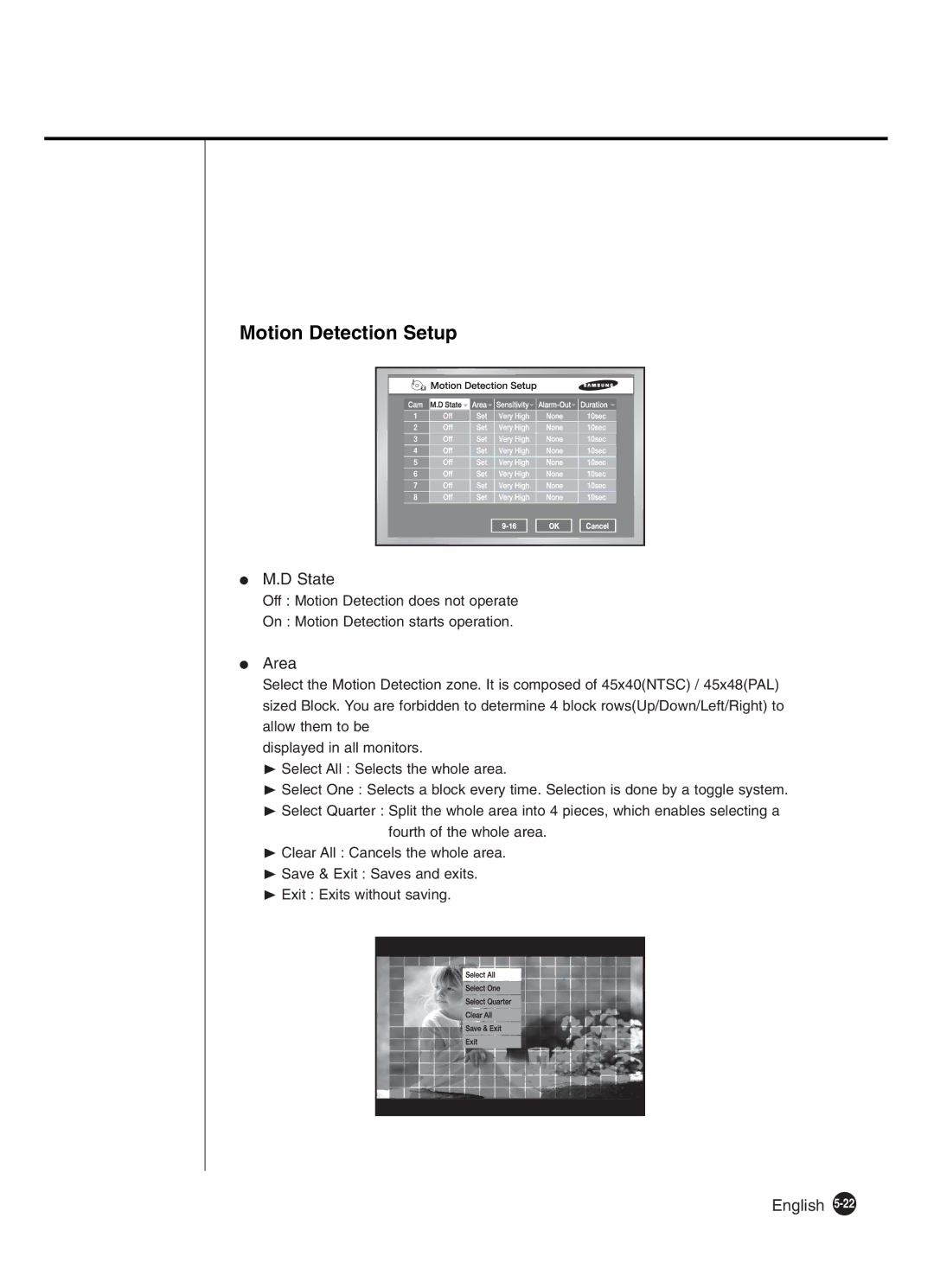 Samsung SHR-4160P manual Motion Detection Setup, State, Area 