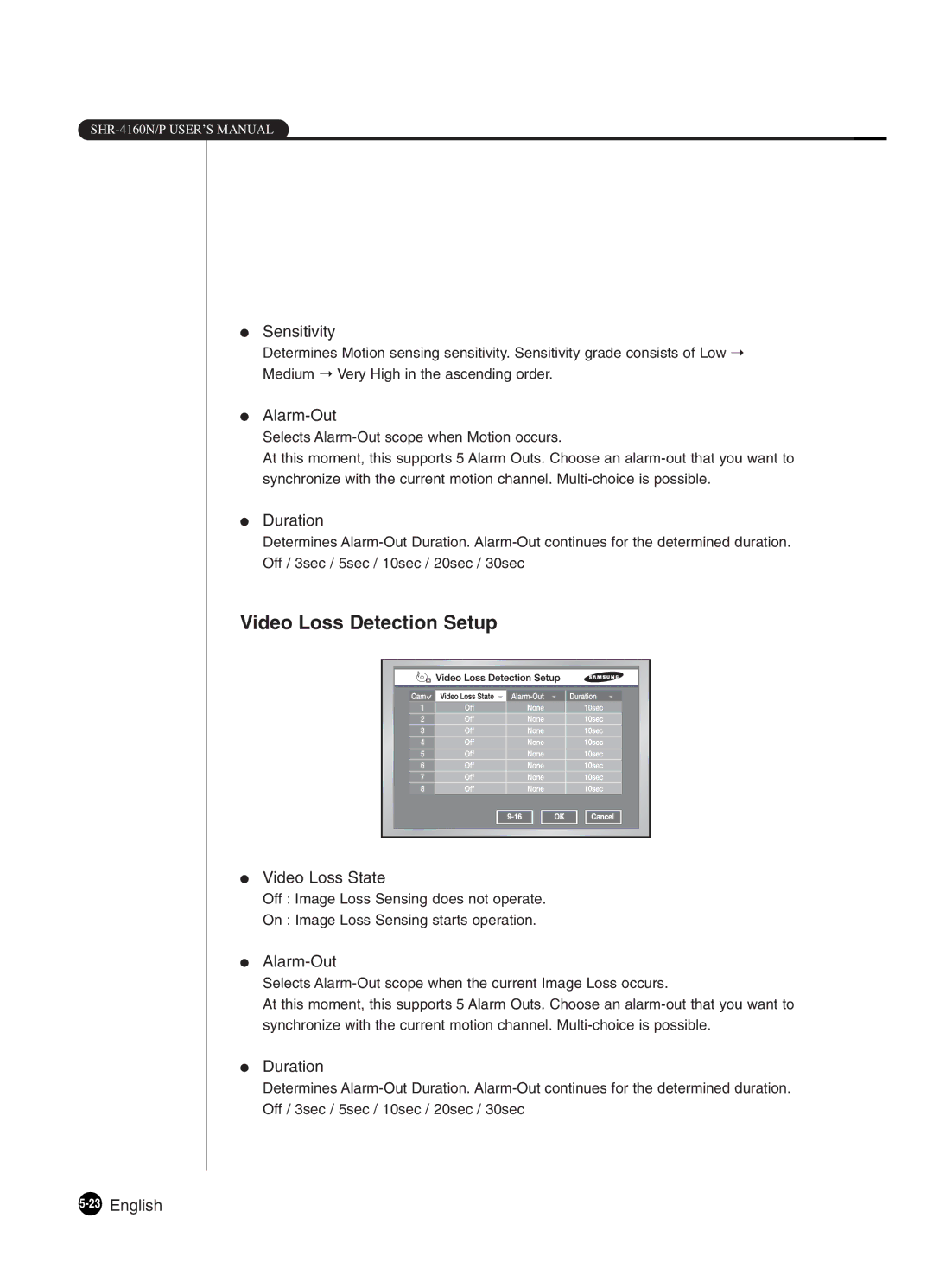 Samsung SHR-4160P manual Sensitivity, Alarm-Out, Duration, Video Loss State, 23English 