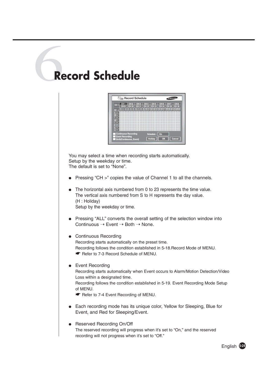 Samsung SHR-4160P manual 6Record Schedule, Event Recording 