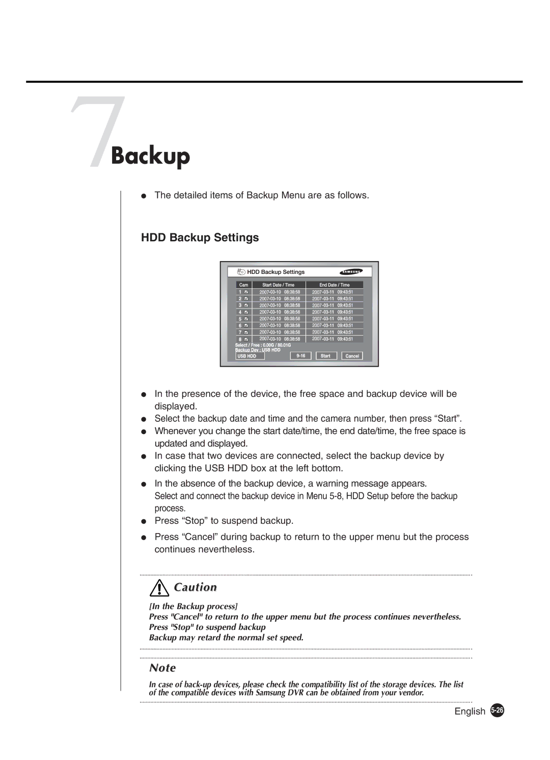 Samsung SHR-4160P manual 7Backup, Detailed items of Backup Menu are as follows 