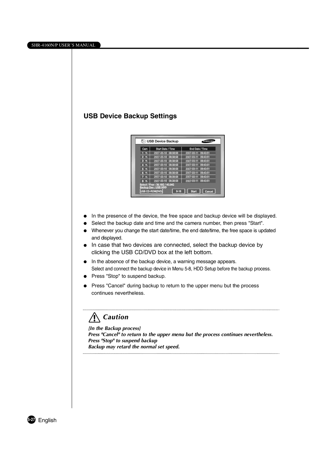 Samsung SHR-4160P manual USB Device Backup Settings, 27English 