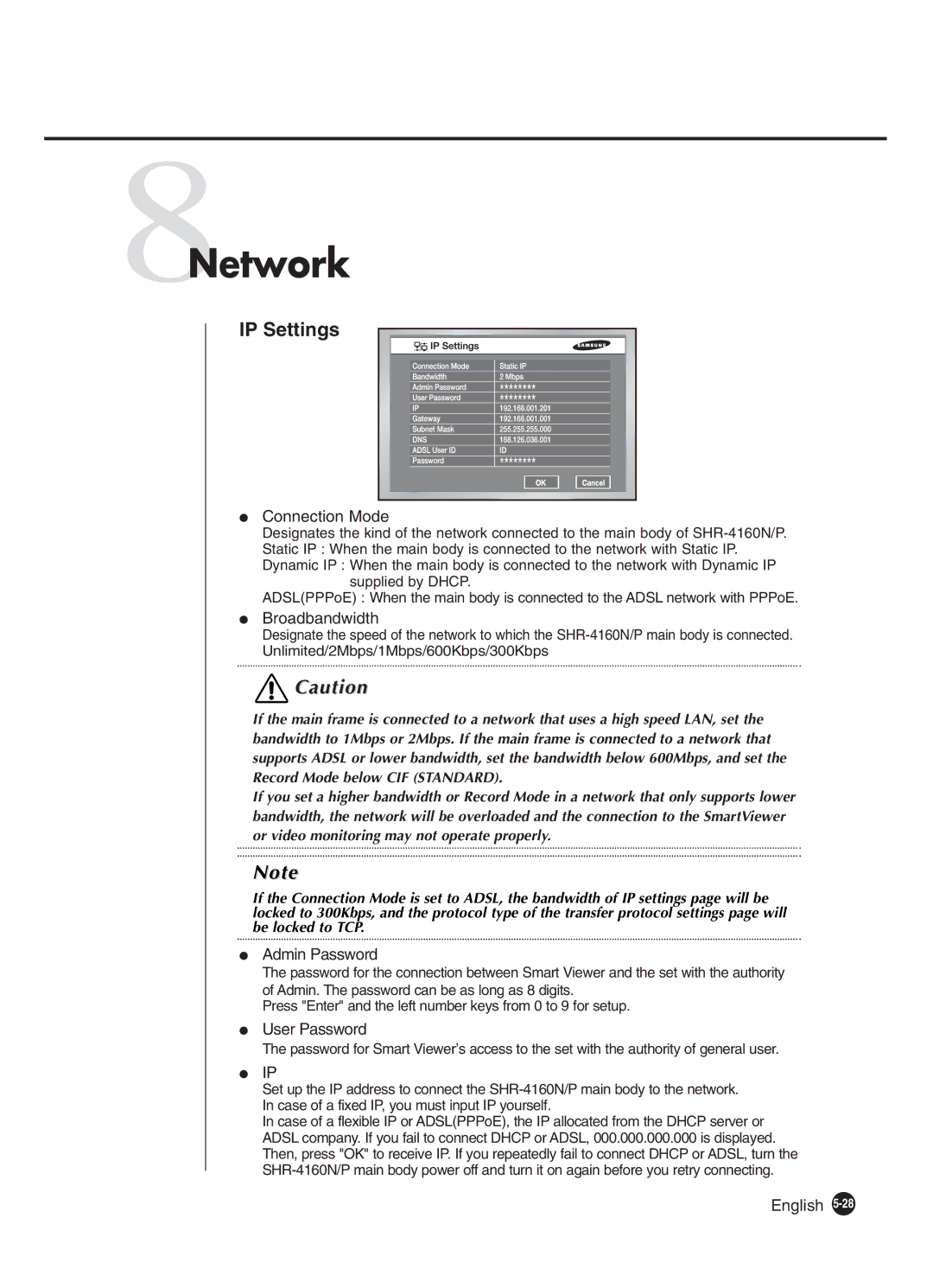Samsung SHR-4160P manual 8Network, Connection Mode, Broadbandwidth, Admin Password, User Password 