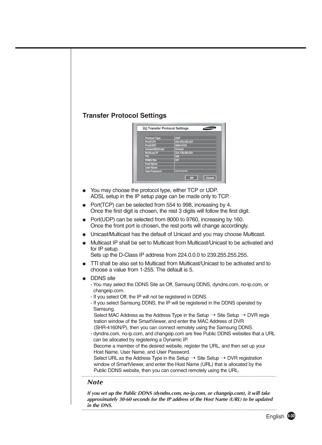 Samsung SHR-4160P manual Transfer Protocol Settings 