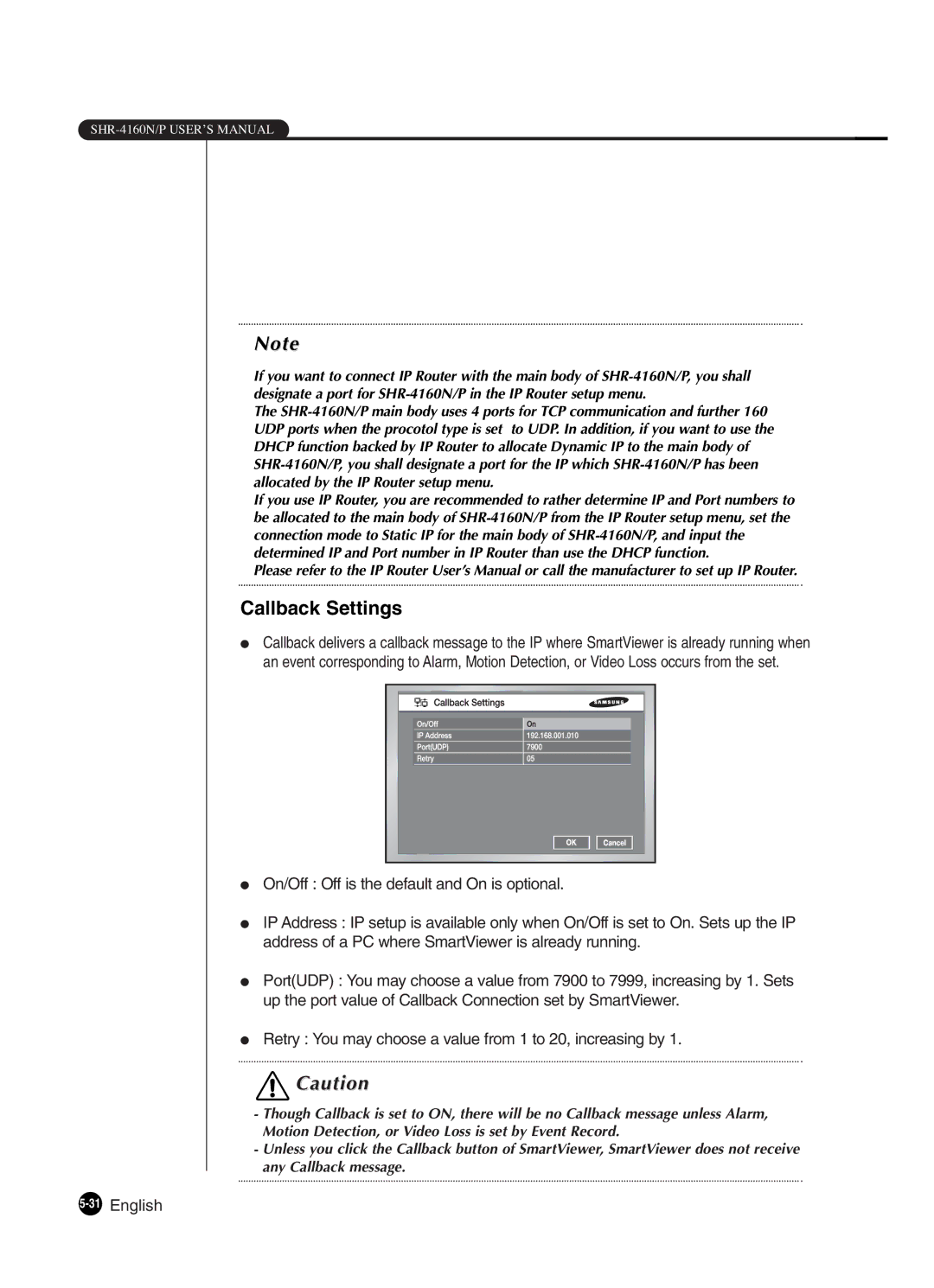 Samsung SHR-4160P manual Callback Settings, 31English 