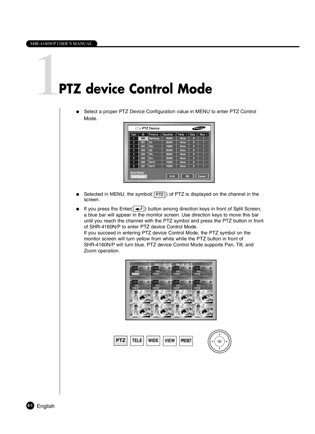 Samsung SHR-4160P manual 1PTZ device Control Mode, 1English 