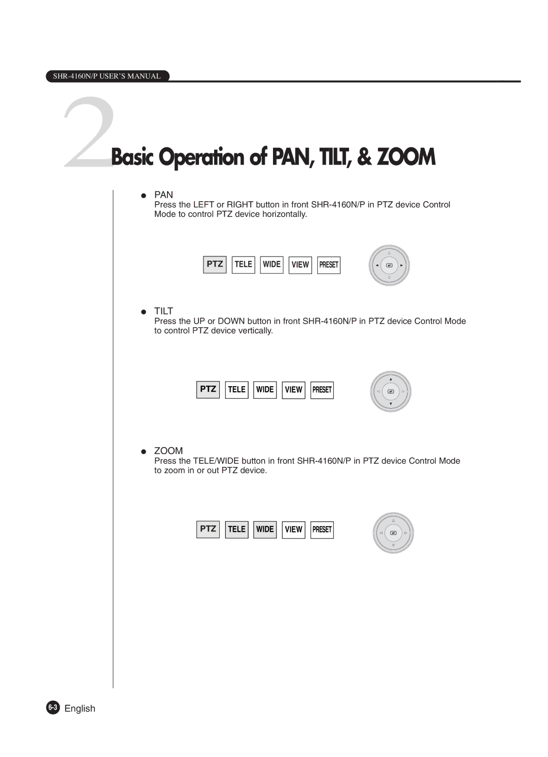 Samsung SHR-4160P manual 2Basic Operation of PAN, TILT, & Zoom 