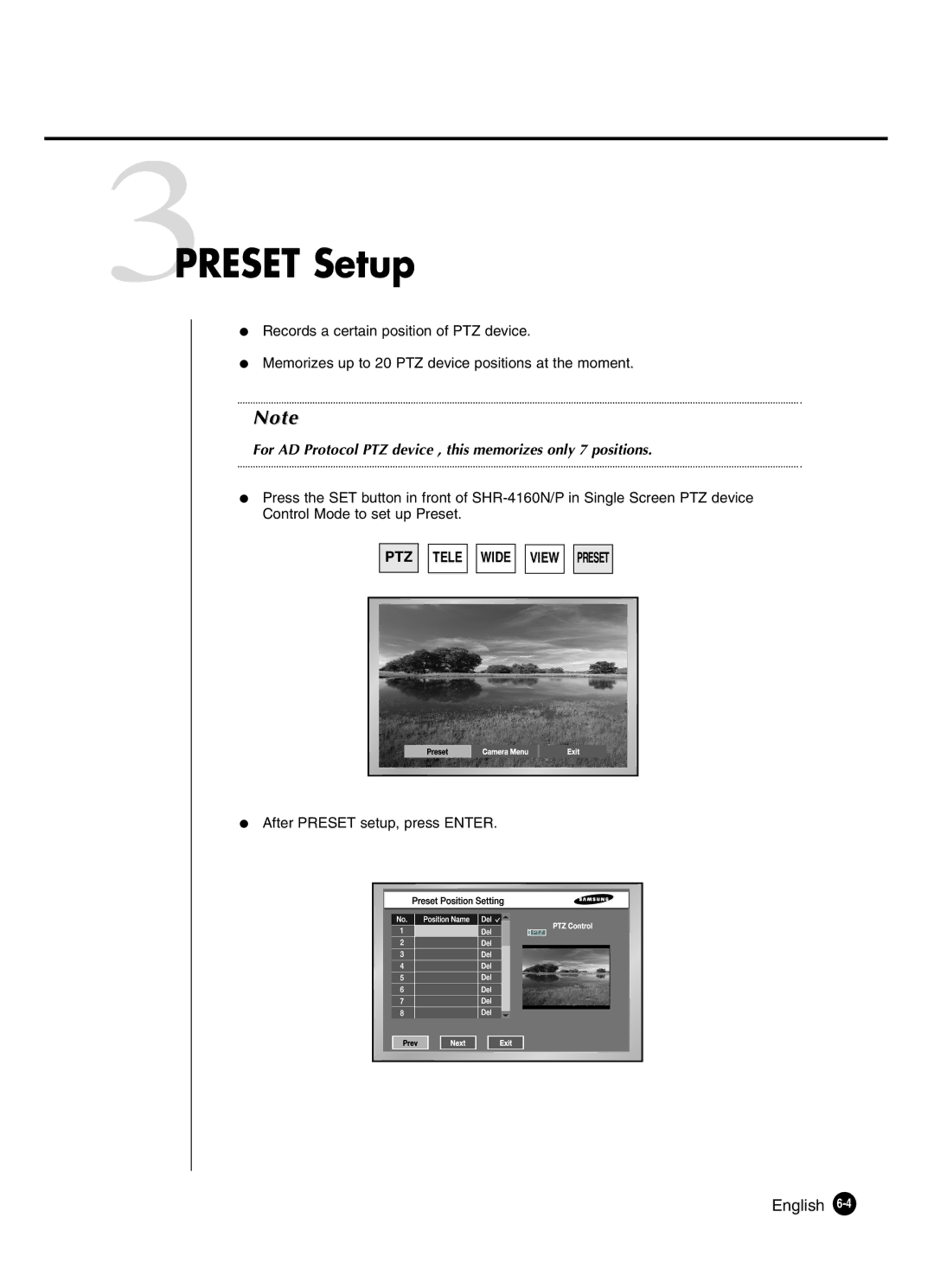 Samsung SHR-4160P manual 3PRESET Setup 