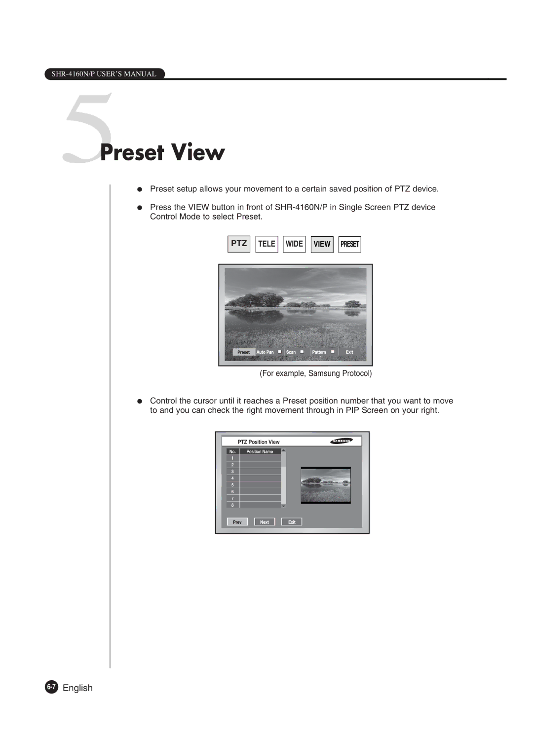 Samsung SHR-4160P manual 5Preset View, For example, Samsung Protocol 